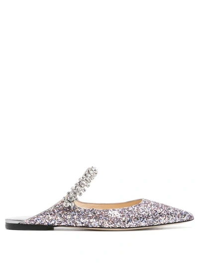 JIMMY CHOO JIMMY CHOO BING FLAT CRYSTAL STRAP GLITTER MULES