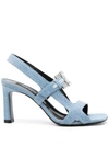 Sergio Rossi Crystal Buckle Denim Heeled Sandals In Blue