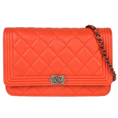 Pre-owned Chanel Boy Leather Shopper Bag () In Orange