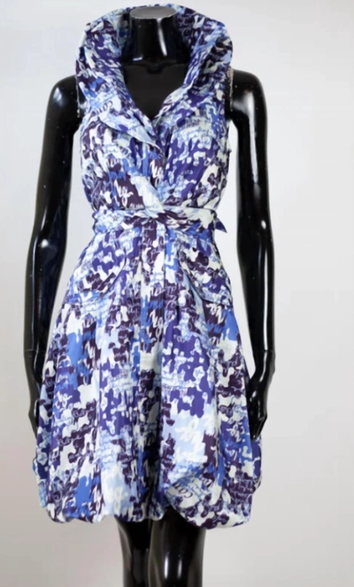 Samuel Dong Printed Bubble Dress In White/blue Print In Multi