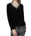 JOSEPH RIBKOFF TWEED TRIM LONG SLEEVE TOP IN BLACK