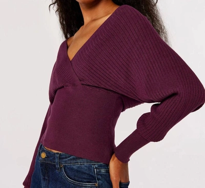 Apricot Plum Ribbed Knit Cropped Sweater In Purple