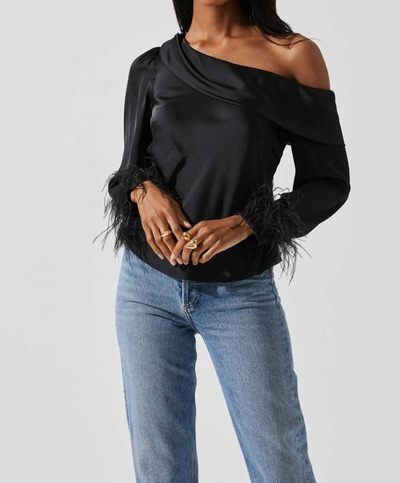 Astr Dawn Off Shoulder Feather Trim Top In Black