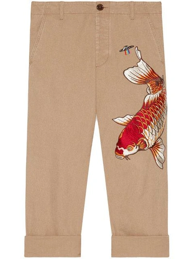 Gucci Fish-embroidered Straight Cropped Cotton Trousers In Neutrals