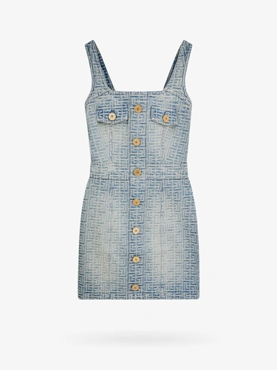 Balmain Monogram Denim Sleeveless Mini Dress In Blue