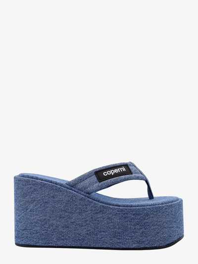 Coperni Blue Denim Branded Wedge Sandals In Azul