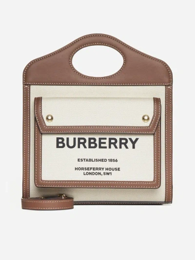 Burberry Pocket Mini Canvas And Leather Bag In Natural,malt Brown