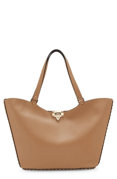 Valentino Garavani Small Rockstud Leather Tote Bag In Gh9 Cappuccino