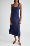 Staud Ellison Sunburst Pleated Sleeveless Midi Dress In Navy