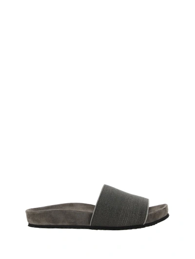 Brunello Cucinelli Monili Embellished Leather Slides In Grey