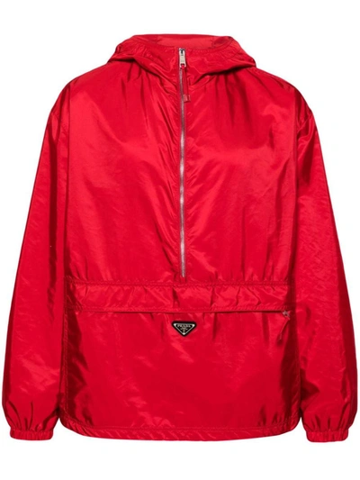 Prada Enamel-logo Hooded Jacket In Rosso