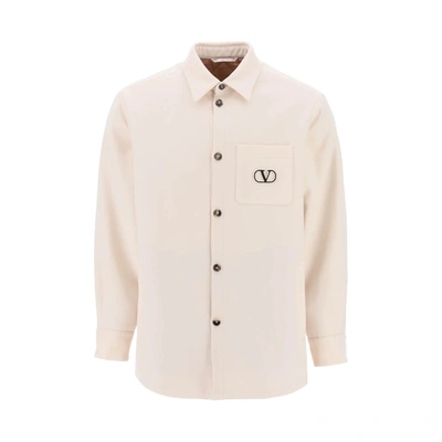 Valentino Vlogo Signature Patch Wool Gabardine Shirt Jacket In Beige