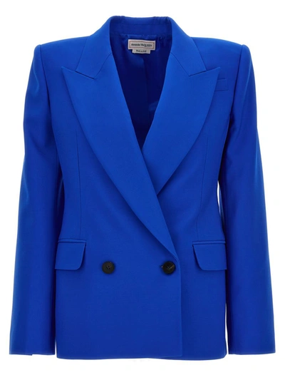 Alexander Mcqueen Double Breast Wool Blazer Jacket In Blue