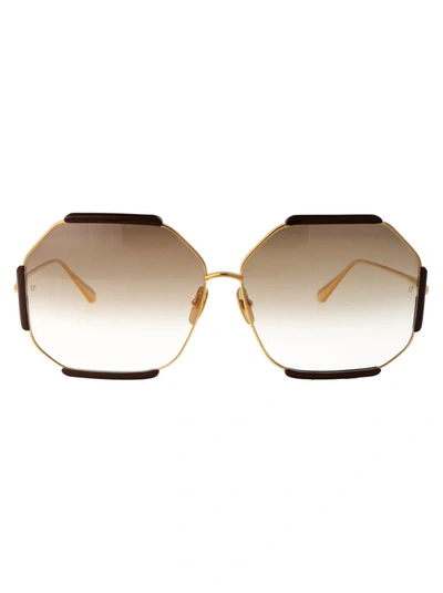 Linda Farrow Hexagonal Framed Sunglasses In Yellowgold/brown/browngrad