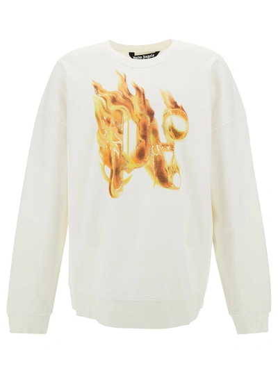 PALM ANGELS WHITE CREWNECK SWEATSHIRT WITH BURNING LOGO PRINT IN COTTON MAN