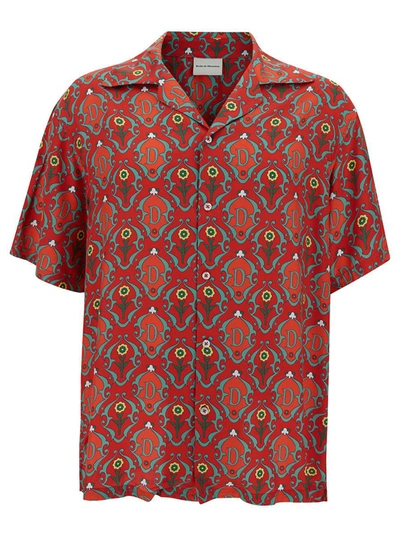DRÔLE DE MONSIEUR RED BOWLING SHIRT WITH ORNEMENTS PRINT IN SATIN MAN