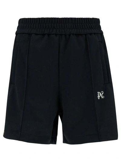 PALM ANGELS BLACK BERMUDA SHORTS WITH LOGO EMBROIDERY AND CONTRASTING BAND IN TECH FABRIC MAN