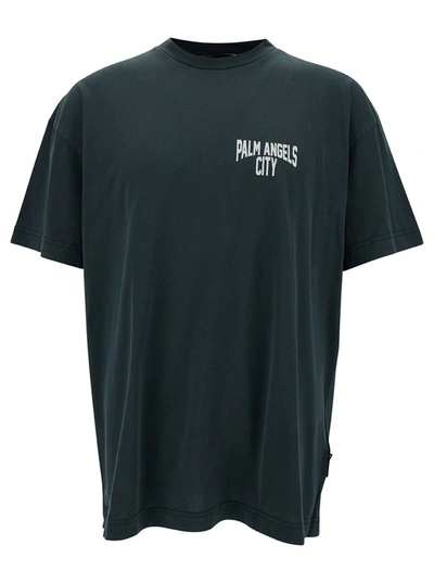 PALM ANGELS GREY CREWNECK T-SHIRT WITH PALM ANGELS CITY PRINT IN COTTON MAN