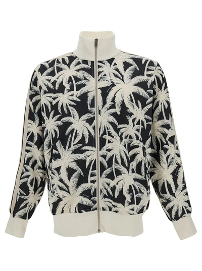PALM ANGELS BLACK AND WHITE SWEATSHIRT WITH ALL-OVER PALM PRINT IN COTTON MAN