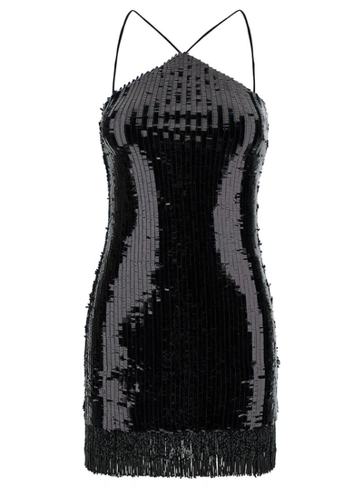 Taller Marmo Pat Fringed Sequined Tulle Halterneck Mini Dress In Black