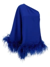 TALLER MARMO 'UBUD' MINI BLUE ONE-SHOULDER DRESS WITH FEATHER TRIM IN ACETATE BLEND WOMAN