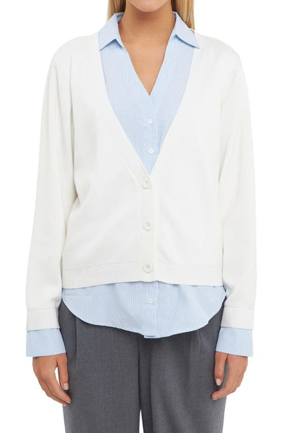 English Factory Mixed Media Layered Cardigan In Navy/ Blue Stripe
