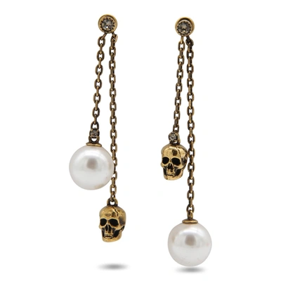 Alexander Mcqueen Antique Gold Metal And Pearl Skull Chain Earrings In Mix