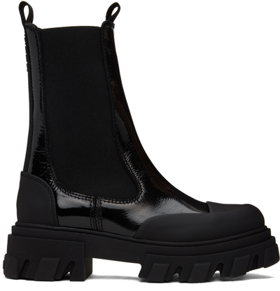 Ganni Black Cleated Mid Chelsea Boots In 099 Black