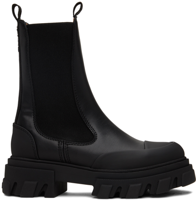 Ganni Black Cleated Mid Chelsea Boots In 099 Black