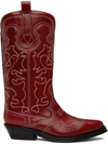 GANNI RED MID SHAFT EMBROIDERED WESTERN BOOTS