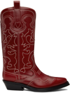 Ganni Red Mid Shaft Embroidered Western Boots In 396 Barbados Cherry
