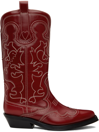 Ganni Red Mid Shaft Embroidered Western Boots In 396 Barbados Cherry