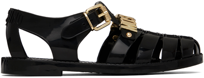 Moschino Logo-plaque Patent-finish Sandals In Black