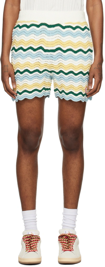 Casablanca Wavy Boucle 3d-knit Shorts In Blue And Yellow