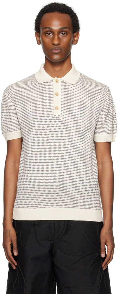 King & Tuckfield Off-white & Navy Wavy Line Polo In Vanilla Ice/midnight