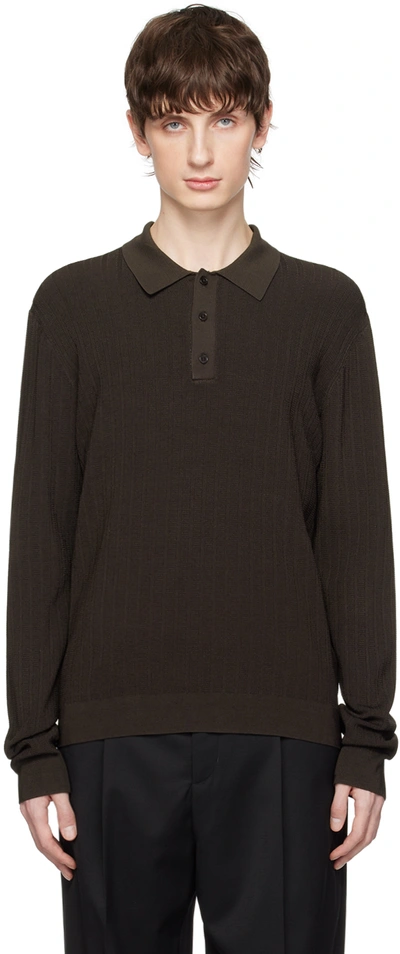 Filippa K Shiny Ribbed Long-sleeve Polo Neck In Dark Oak