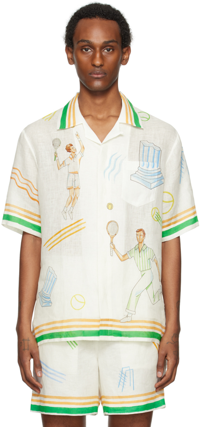 Casablanca Tennis Club Short Sleeve Linen Button-up Shirt In White