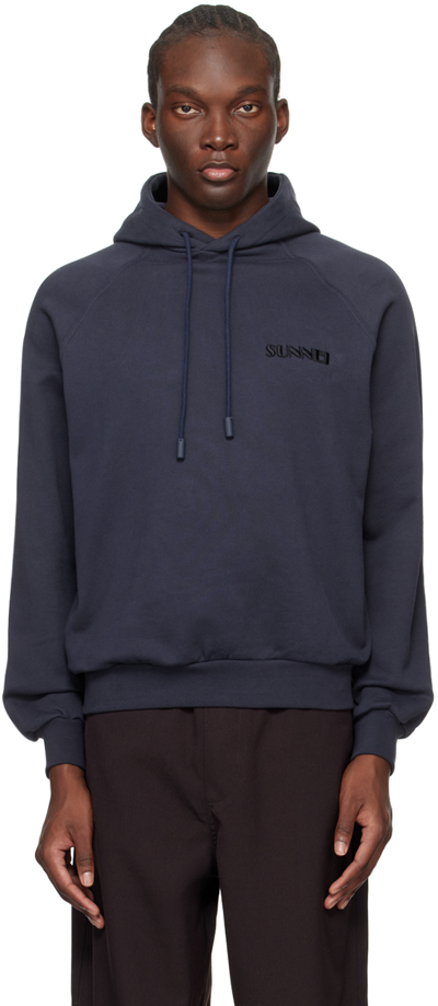 Sunnei Navy Embroidered Hoodie In Blue