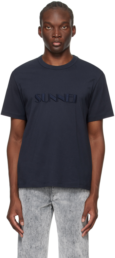 Sunnei Navy Embroidered T-shirt In Blue