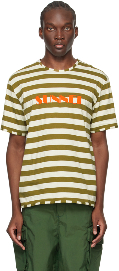 Sunnei Green & White Striped T-shirt In 7932 Olive Green/off