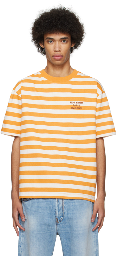 Drôle De Monsieur Yellow & White 'le T-shirt Slogan Rayé' T-shirt In Ocre