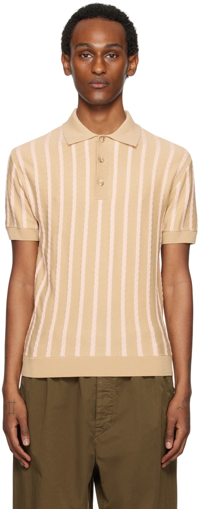 King & Tuckfield Brown Textured Stripe Polo In Sesame/pale Blush