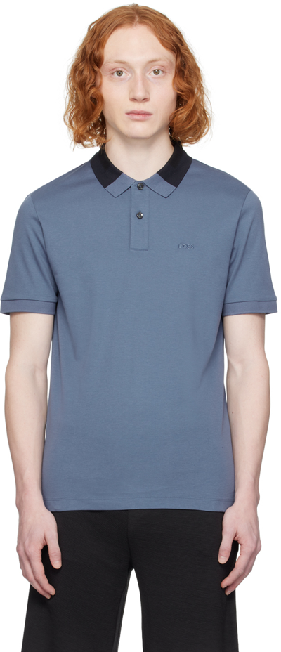 Hugo Boss Blue Embroidered Polo In Open Blue 479