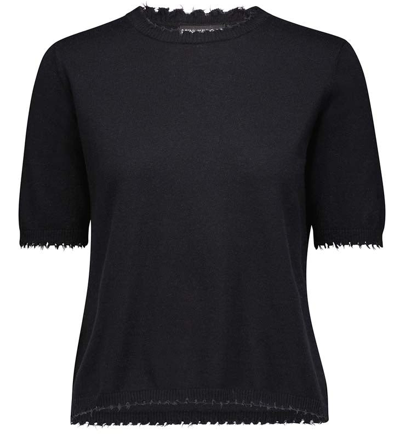 Minnie Rose Cotton Cashmere Boxy Frayed Tee In Black