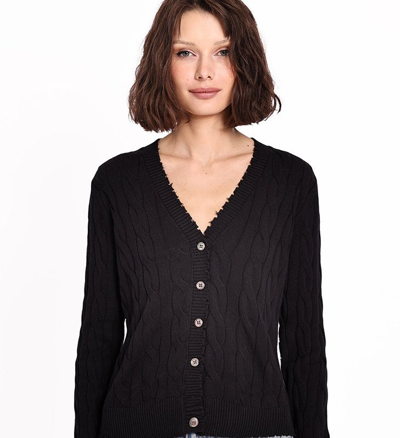 Minnie Rose Cotton Frayed Cable Cardigan In Black