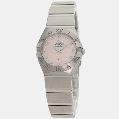 Pre-owned Omega Pink Shell Diamond Stainless Steel Constellation 123.10.24.60.57.002 Quartz Women's Wristwatch 25 Mm