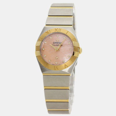Pre-owned Omega Pink Shell Diamond 18k Yellow Gold And Stainless Steel Constellation 123.20.24.60.57.004 Quartz Wome