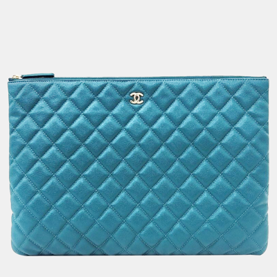 Pre-owned Chanel Caviar Clutch Large In Blue