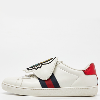 Pre-owned Gucci White Leather Embellished Pineapple Strap Ace Trainers Size 35