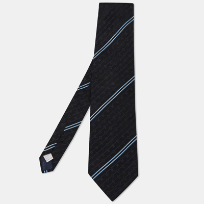 Pre-owned Moschino Vintage Black Diagonal Stripe Logo Patterned Silk Traditional Tie